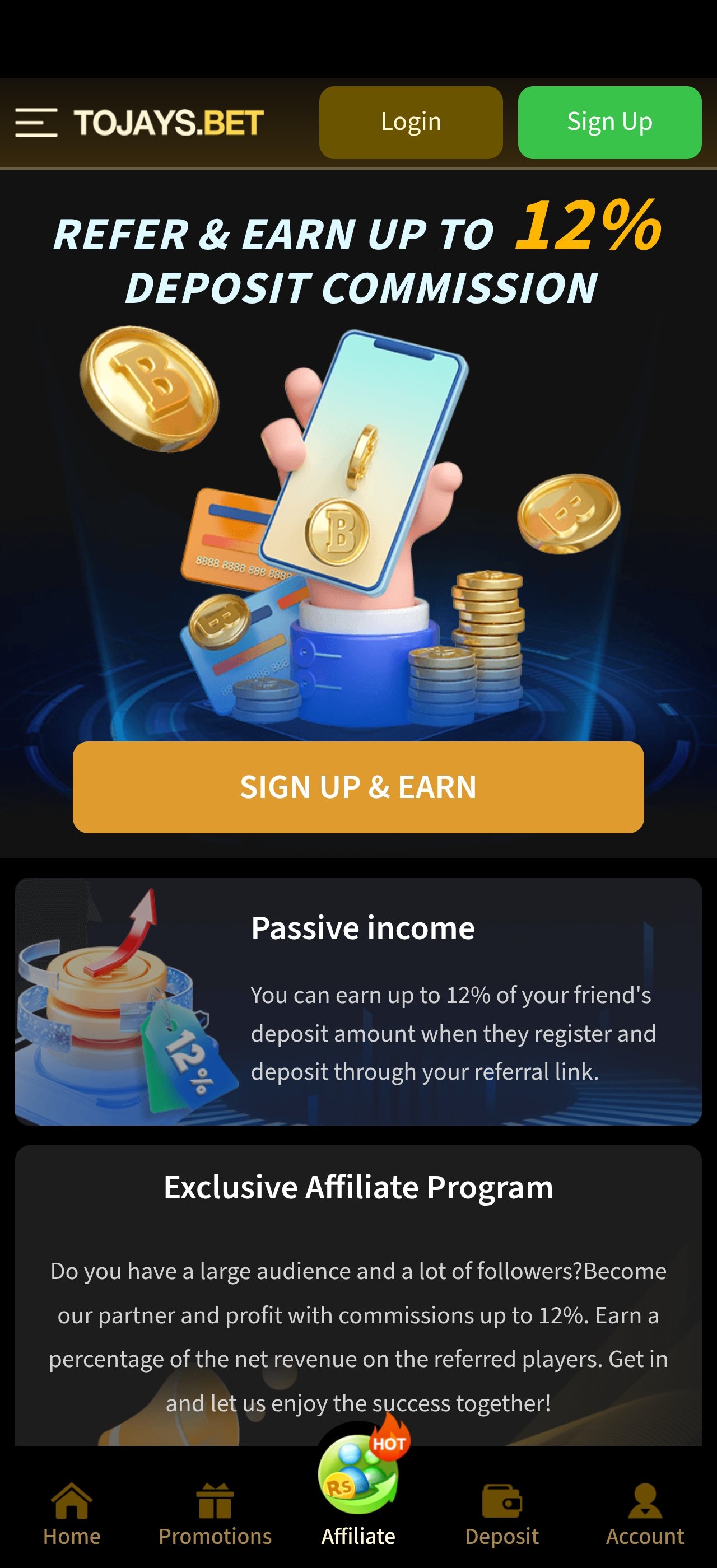 Affiliate programme screen offering up to 12% deposit commission on referred players — 2J Game app screenshot