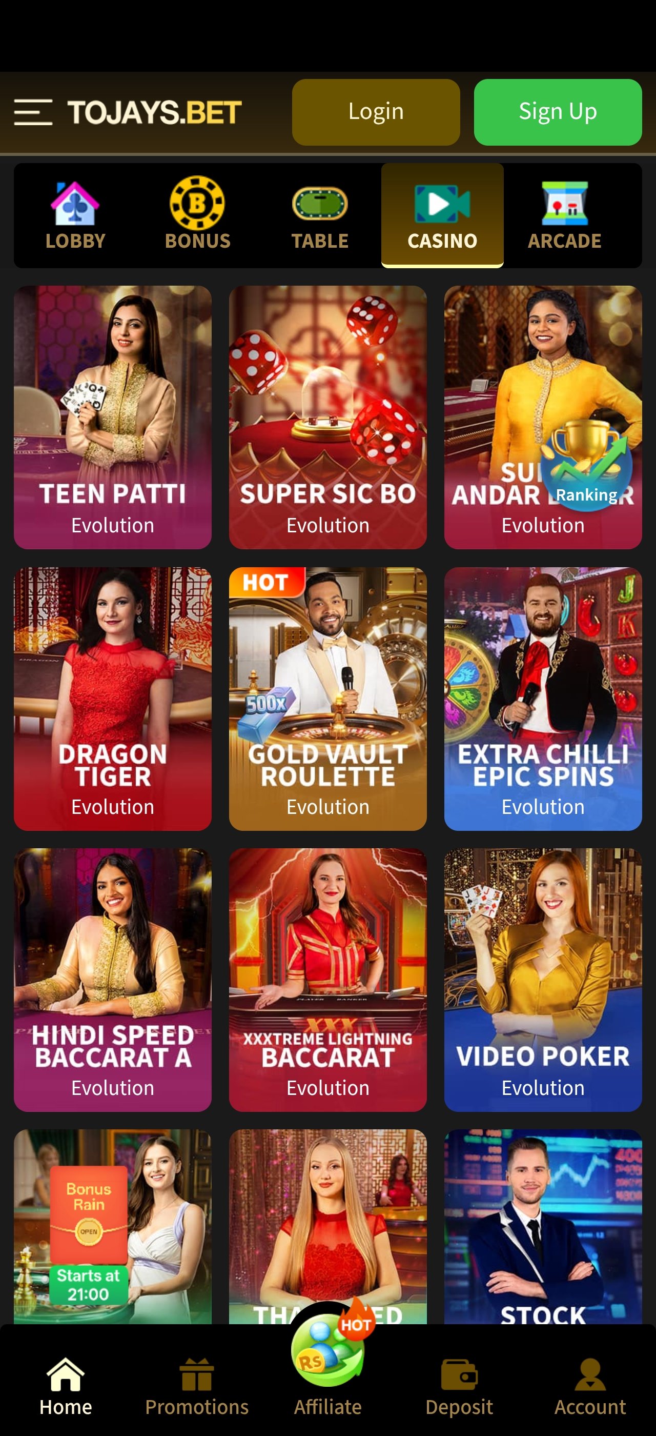Live casino tab showing dealer-hosted tables from Evolution — 2J Game app screenshot